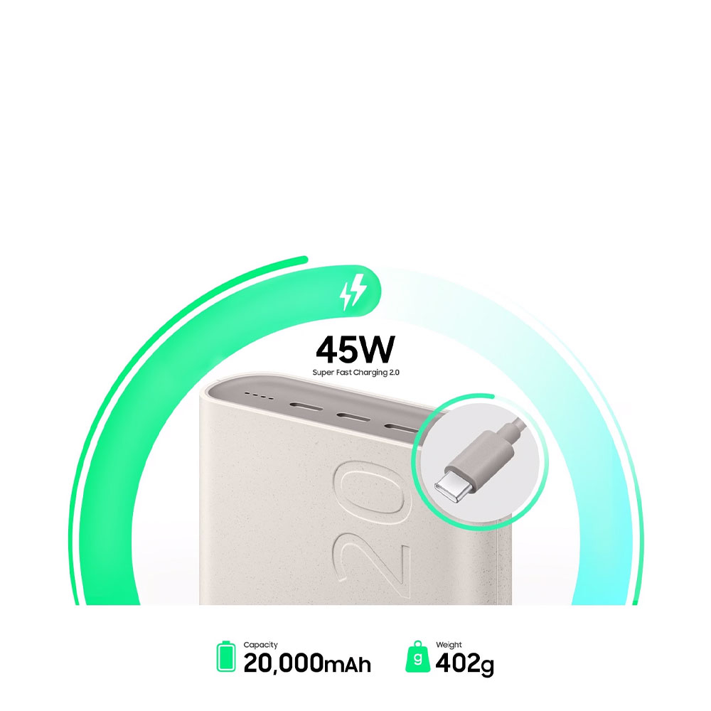 (45W) 20000mAh Super Fast Charging 3x USB C Powerbank Power Delivery aus Recycelten Materialien (EB-P4520XUEGEU) - Beige