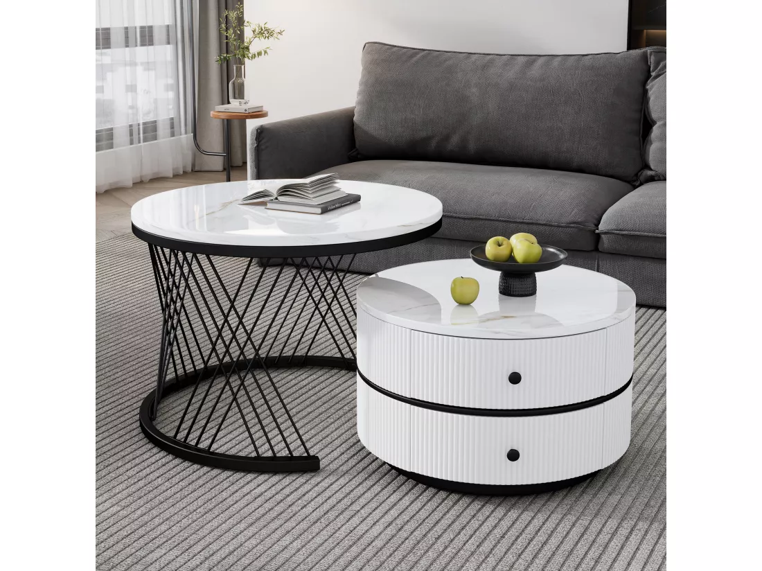 Lot de 2 tables gigognes - 2 tiroirs - plateau à motif de marbre - Blanc & Noir