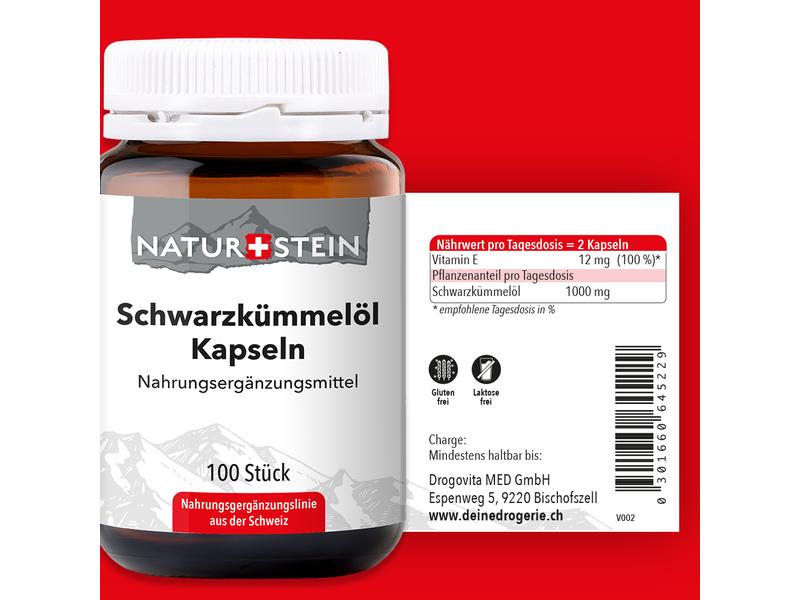 Naturstein Schwarzkümmelöl 100 Kapseln Nahrungsergänzungsmittel mit Ölen aus Schwarzkümmel