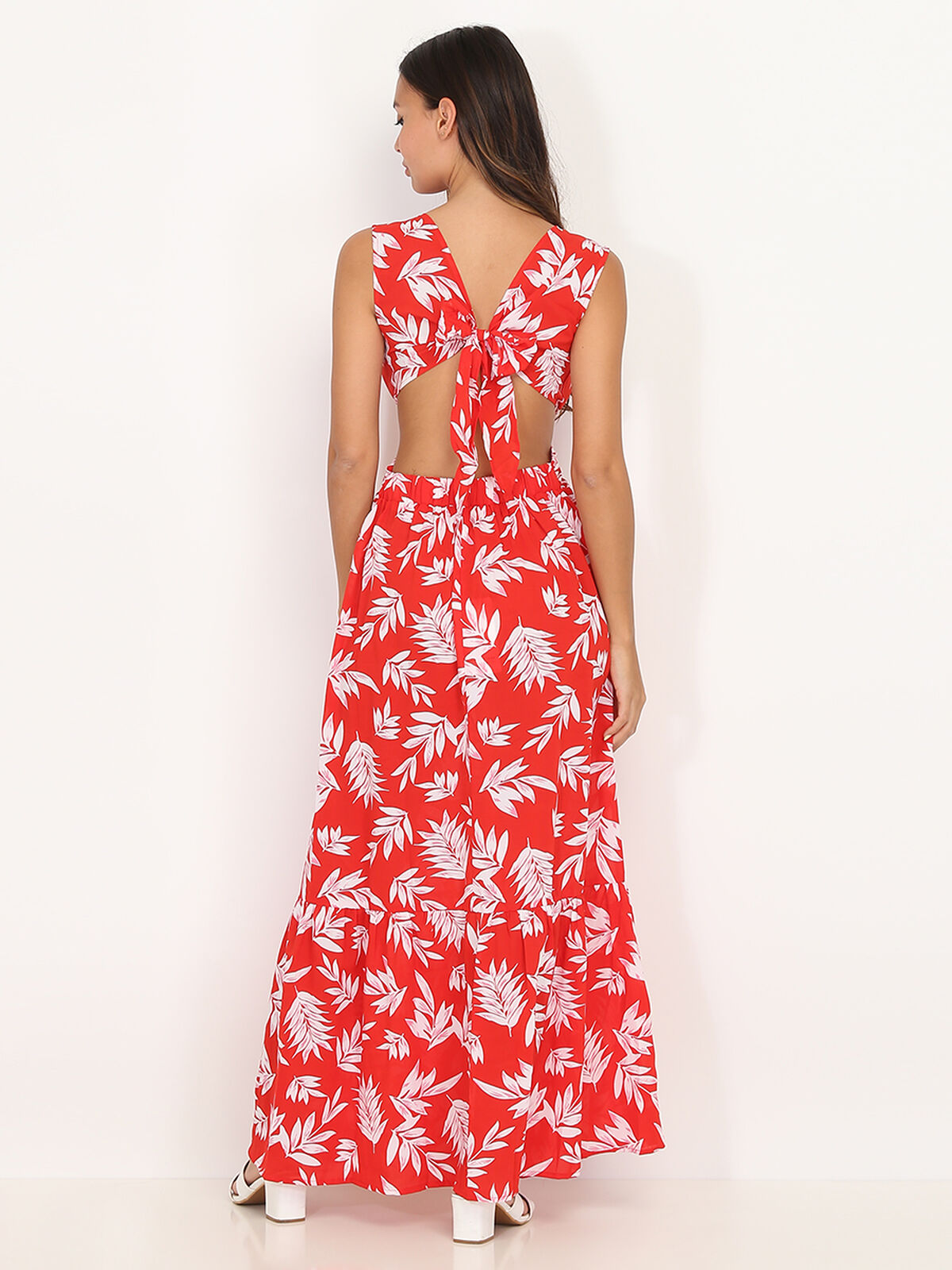 Robe cut out à imprimé feuilles- Rouge