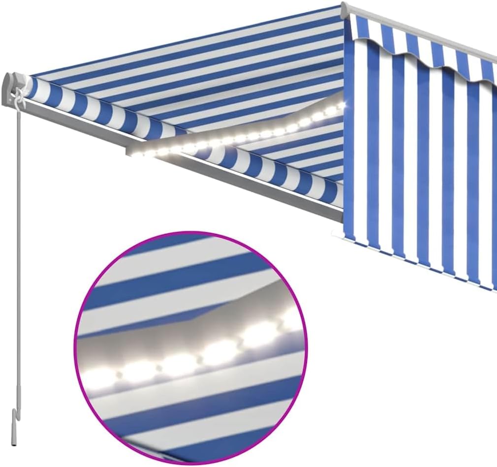 vidaXL Gelenkarmmarkise Einziehbar mit Jalousie LED Markise Sonnenmarkise Balkonmarkise Sonnenschutz Sichtschutz Garten Balkon Terrasse 3x2,5m Blau Weiß
