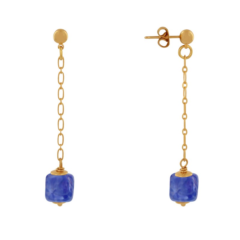 Boucles d'Oreilles Chainette Laiton Doré et Cube en Céramique