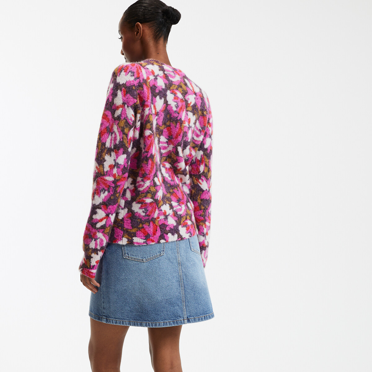 COLEÇÕES LA REDOUTE<br>Suéter com estampa floral e gola redonda em mistura de alpaca