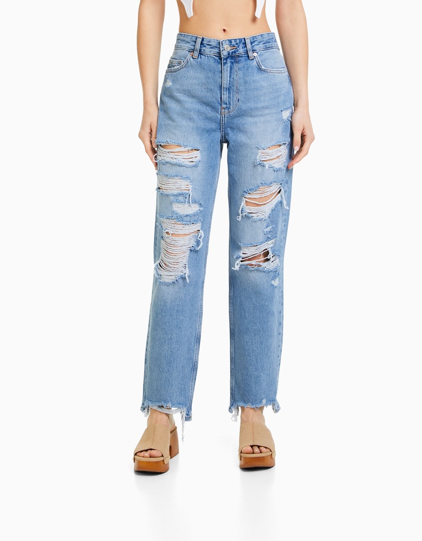 Calça jeans cropped reta rasgada
