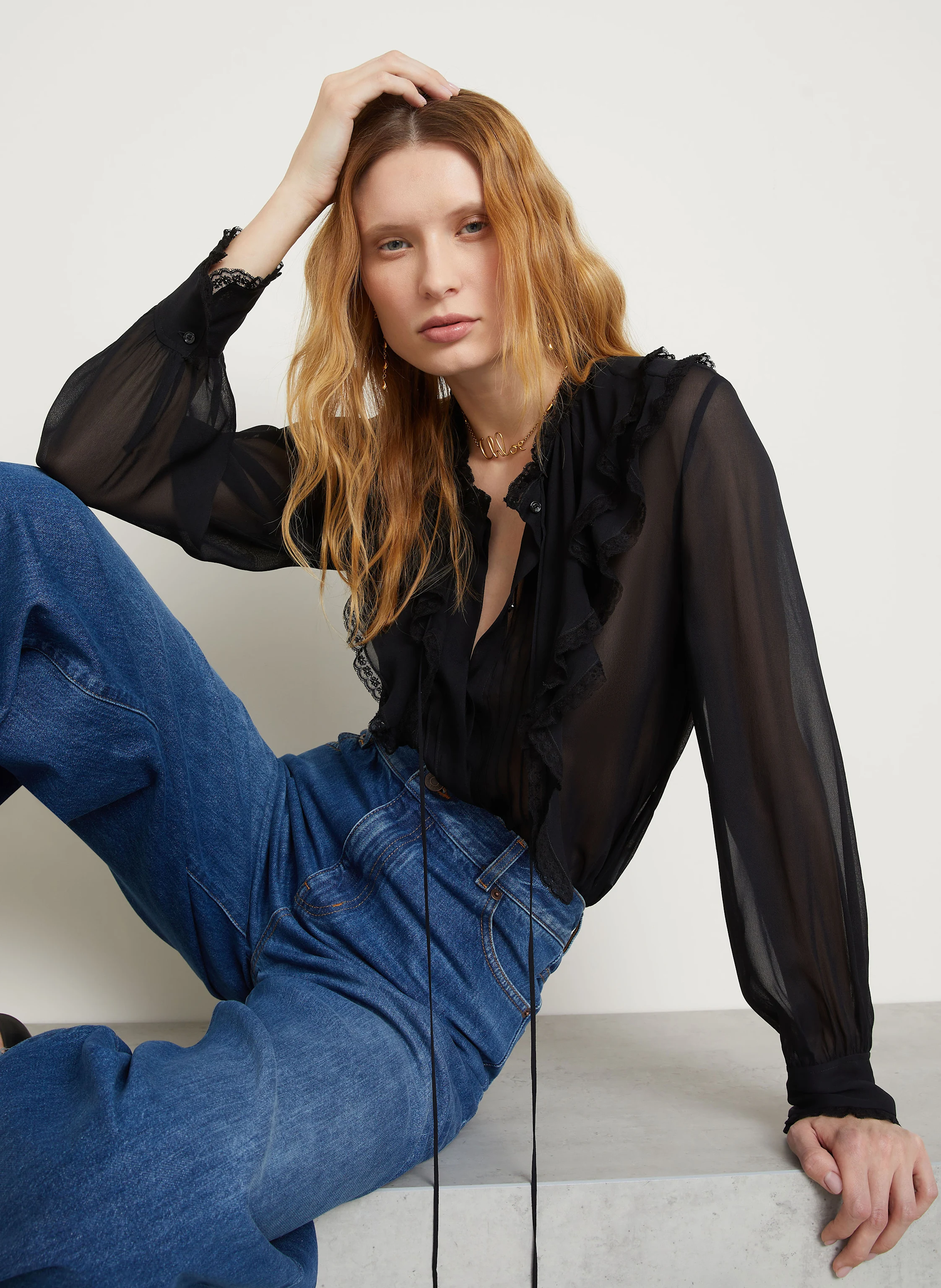 Chloé Seidenbluse mit Volants und Spitze