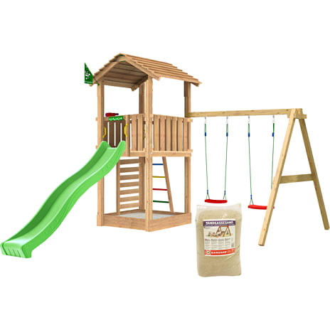 Jungle Gym Cottage 2.1 legetårn inkl. gyngemodul, rutsjebane og 120 kg sand