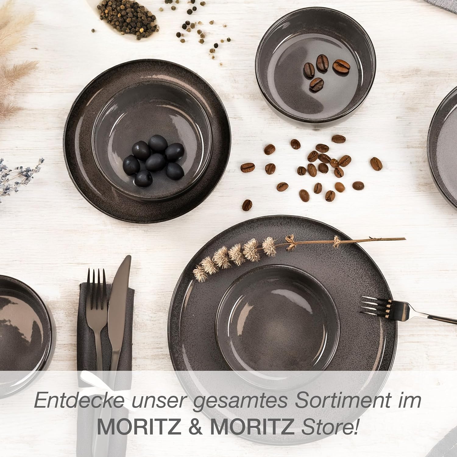 Moritz & Moritz VIDA Geschirrset 6 Personen Anthrazit 18-tlg. - Modernes Porzellan Geschirr Set - Kratz-, Mikrowellen- & Spülmaschinenfest, Essgeschirr, Tafelservice, Kombiservice 6 Personen