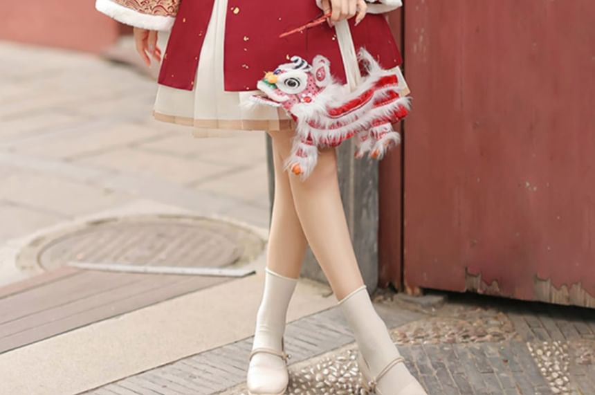 GOGO Girl - Mini A-lijn jurk met lange mouwen, mandarijnkraag, bloemenborduursel en split / Hoge taille, contrasterende rand, geplooide mini A-lijn rok / V-hals, strik en pluizige rand, cropped vest / Set