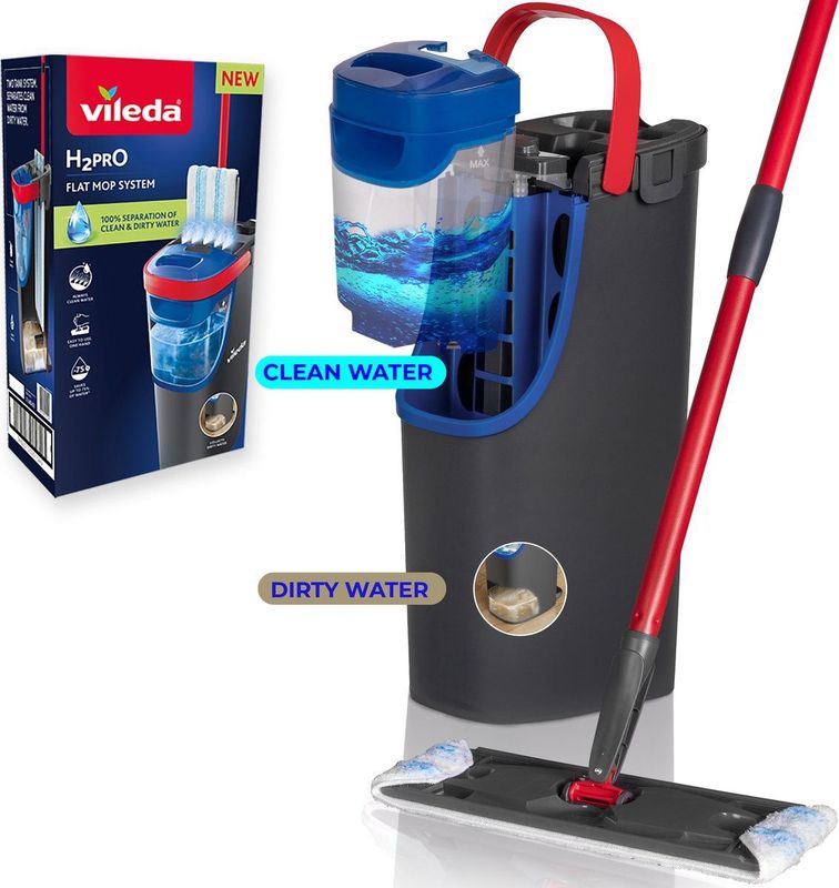Vileda H2Pro - Flatmop Systeem - Complete Set - Twee Gescheiden Waterreservoirs - Waterbesparend Ontwerp