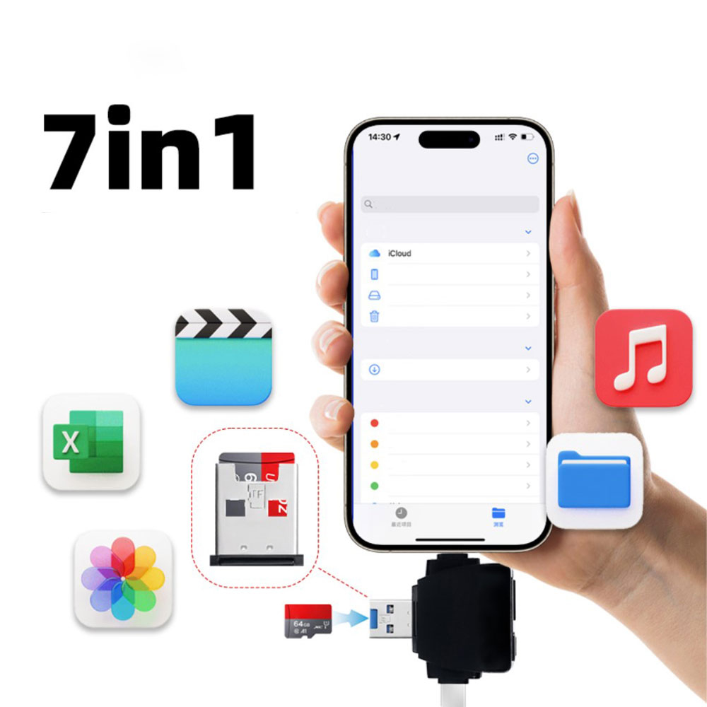 7in1 Mini OTG Kartenlesegerät Card Reader für SD und microSD-Karten mit Lightning / Micro USB / USB C / USB A - Weiss