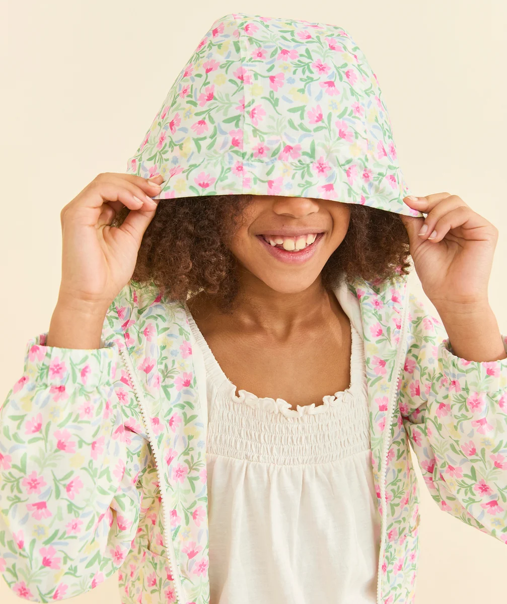 coupe-vent à capuche fille blanc avec imprimé à fleurs colorées