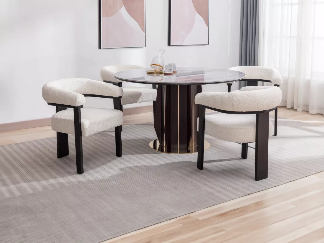 Lot de 2 chaises avec accoudoirs en tissu bouclette et bois d'hévéa noir - Blanc - LIVELIA de Pascal MORABITO