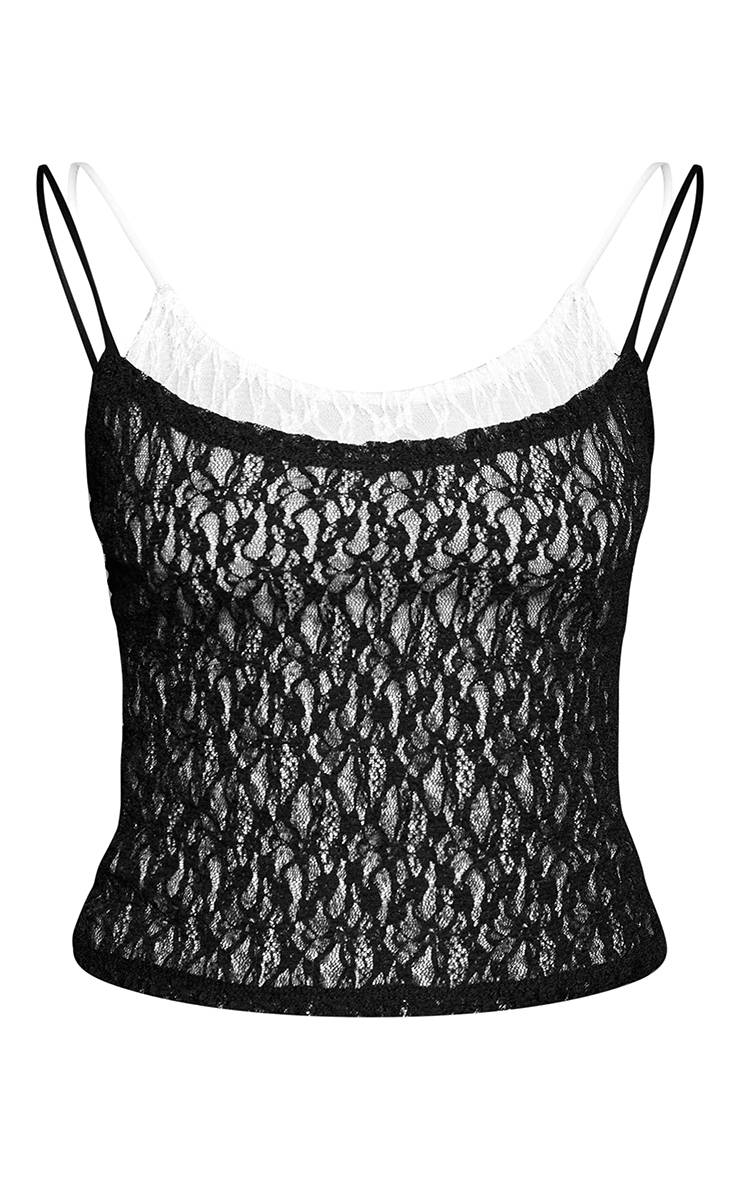 Noir Top Caraco Petite À Double Couche De Dentelle Contrastée