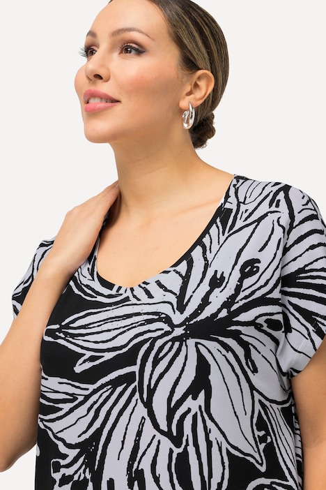 Jersey-Minikleid, Blüten, Oversized, Rundhals, Halbarm