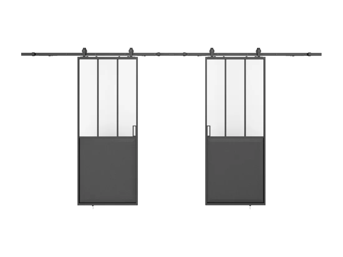 Porte coulissante double atelier avec système en applique - Noir et verre trempé dépoli - 2 x H205 x L73 cm - ARTISTO II