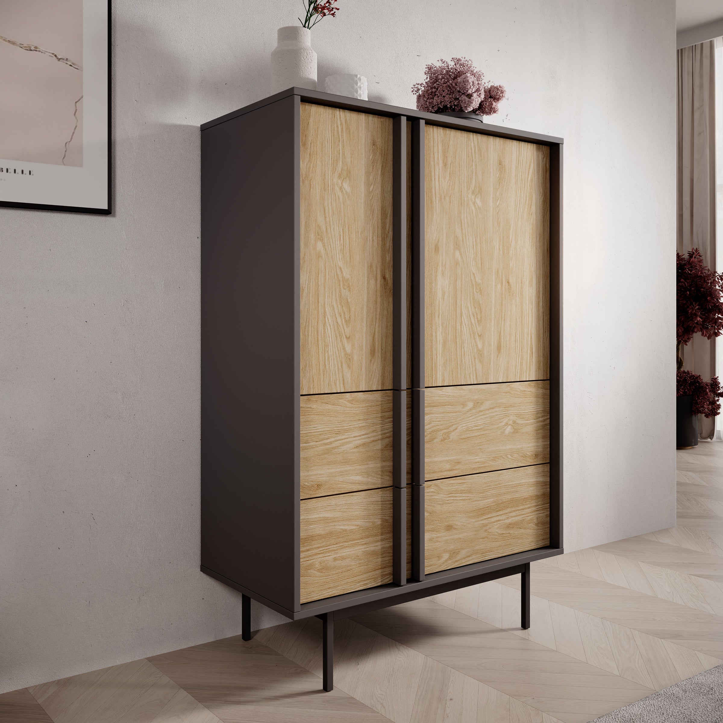 Meubella - Antigo - Dressoir - Eiken|Antraciet - 83x43x127 cm