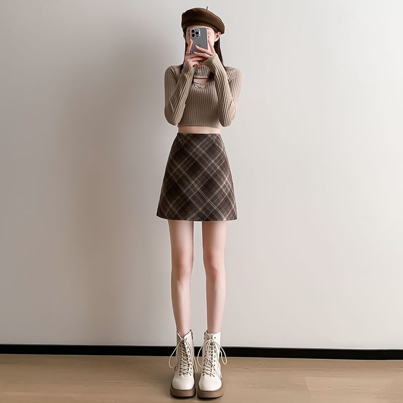 Mikiko - Geruite A-lijn minirok met hoge taille