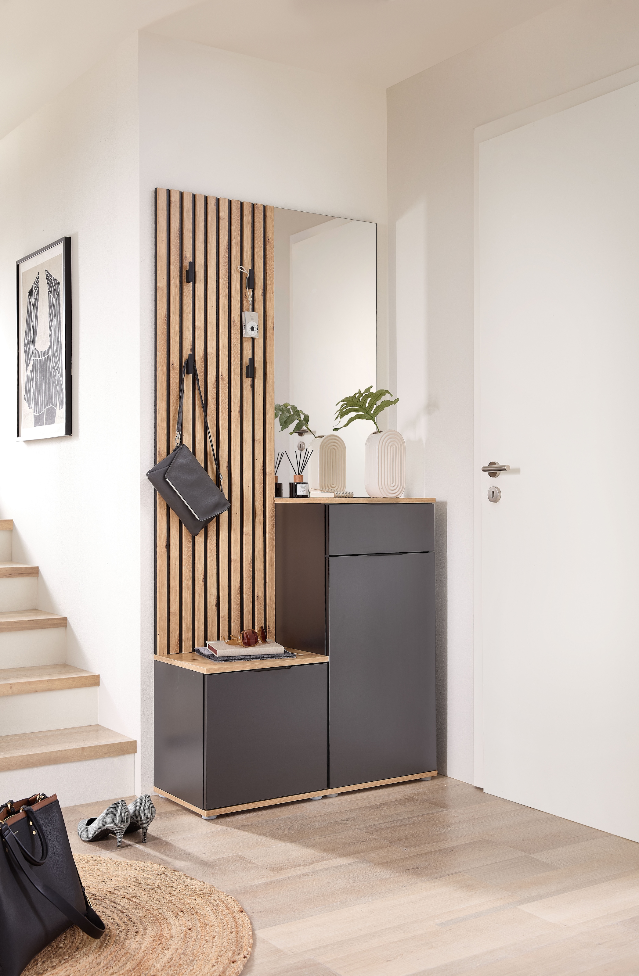 HBZ Kompaktgarderobe »Simple mit Spiegel, Flurgarderobe BxHxT 88x195x35 cm« 4 Stk. tlg. mit Bank, Paneel, Schuhkommode mit Schubkasten und Spiegel