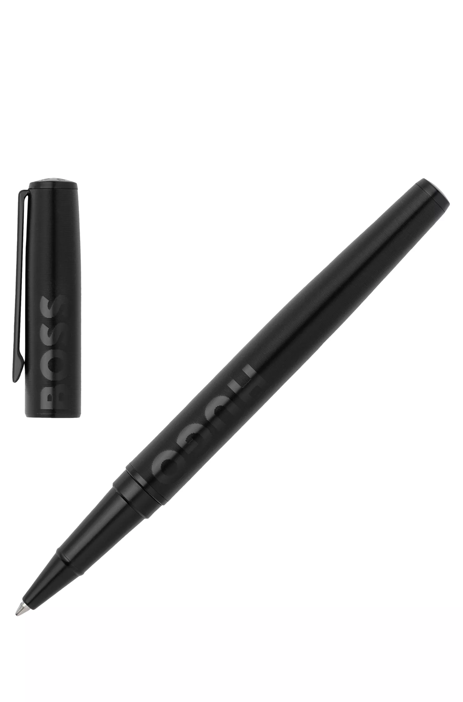 Caneta rollerball BOSS preta com logotipo tonal.