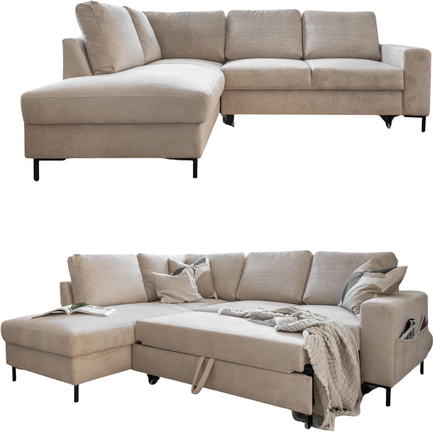 MIUFORM Lofty Lilly mit Bettfunktion| 6 Sitzer Ecksofa | L-form links | 237 x 197 x 84cm | Klappsofa mit Schlaffunktion | Schlafsofa klappbar (Kord Beige)