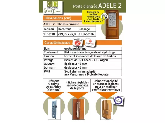 Porte d'entrée Bois vitrée, Adrien Gris RAL 7039, H,215xl,90 p,gauche Cotes Tableau