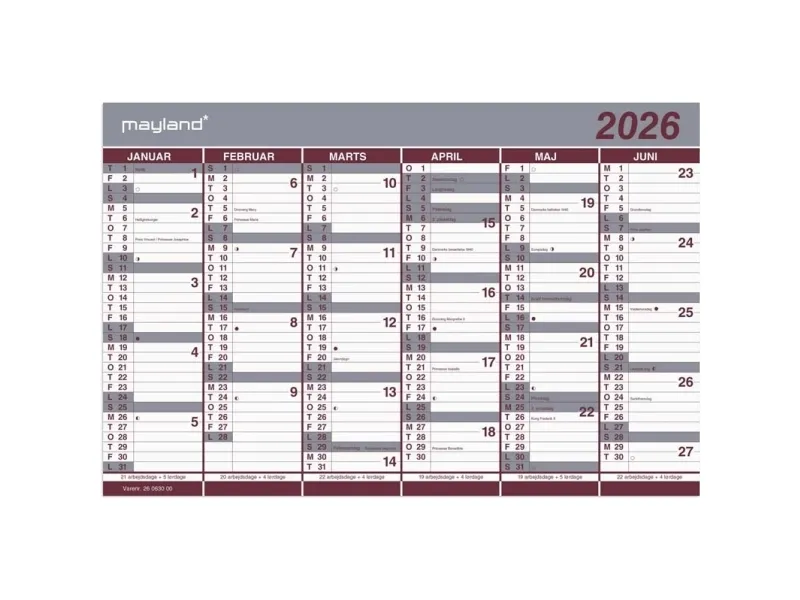 Kontorkalender Dobbelt halvårskalender 2026