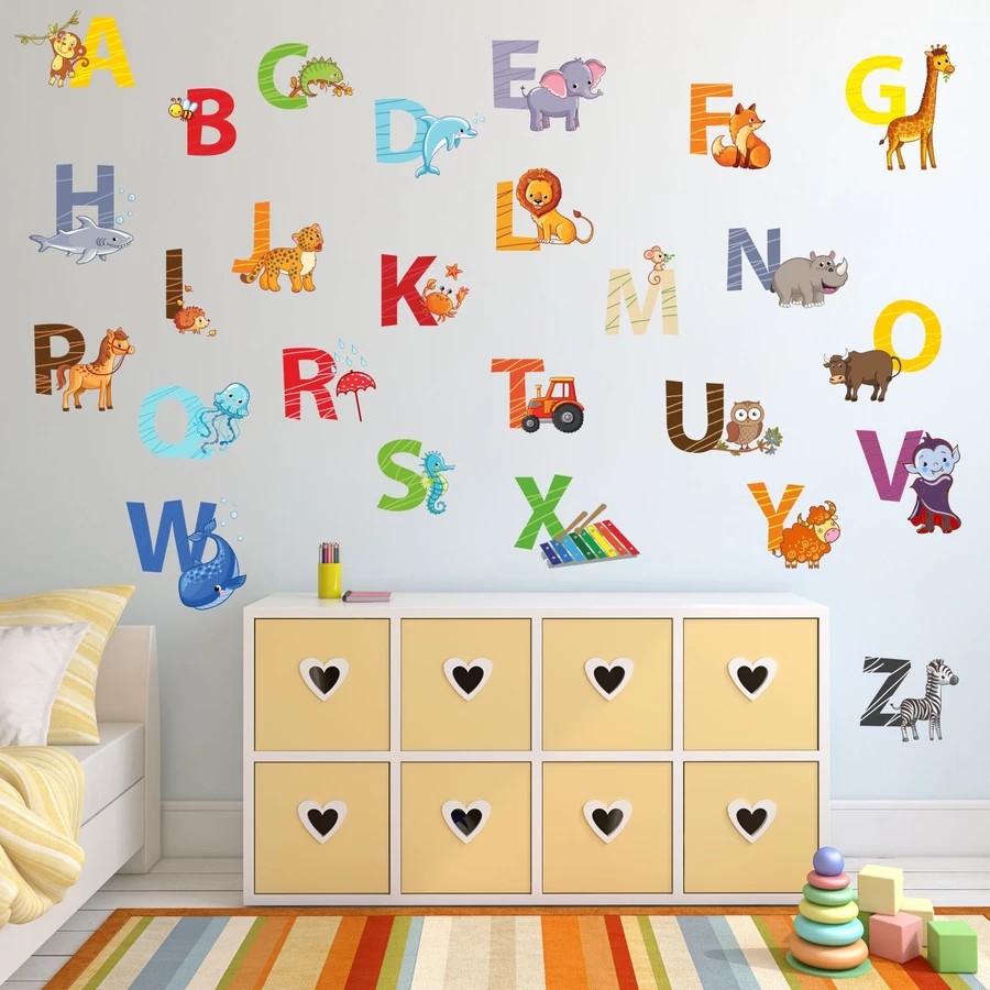 Nikima Wandtattoo 084 Wandtattoo Alphabet Tiere ABC Kinderzimmer Sticker Aufkleber bunt