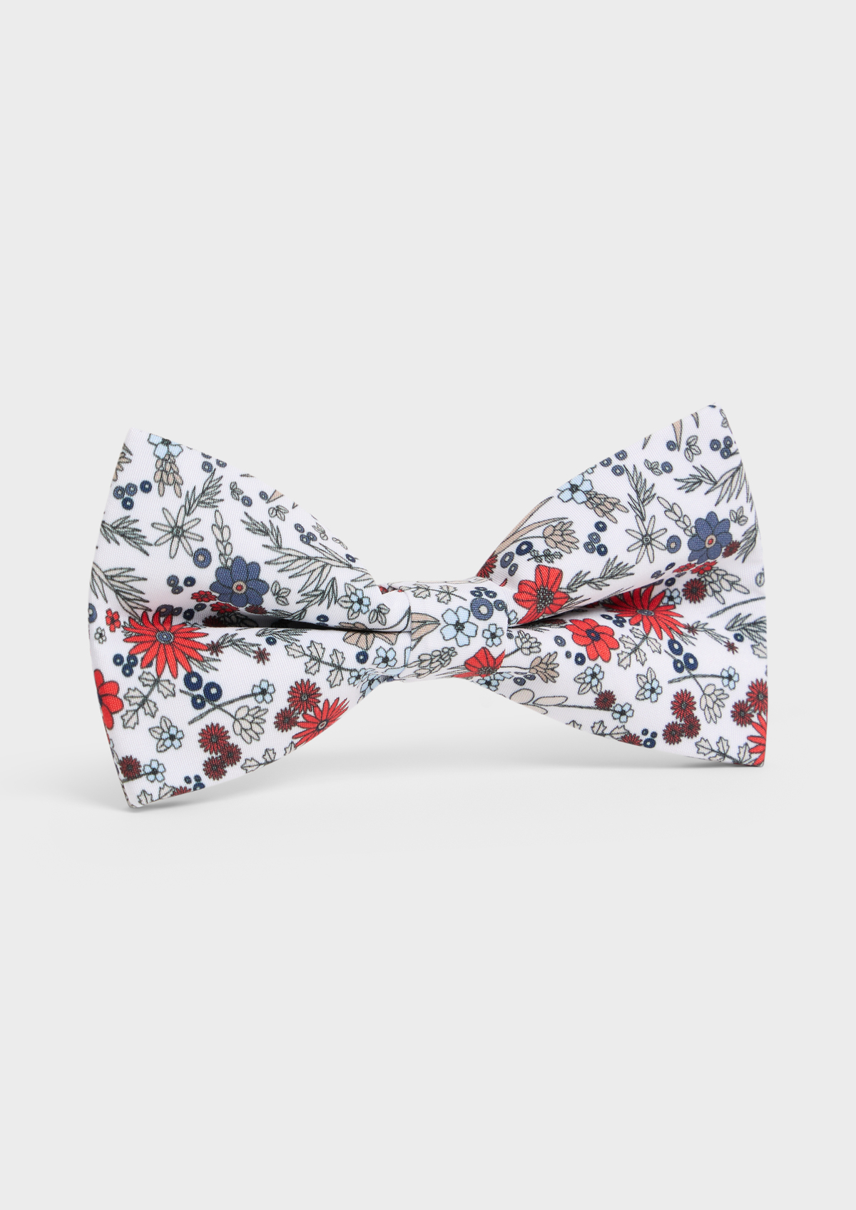 Noeud-papillon blanc à motif fleuri corail, beige et bleu