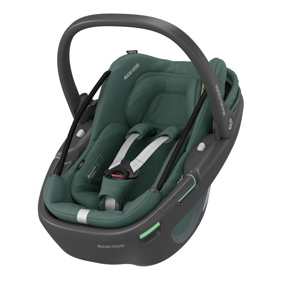 Coral 360 0 - 12 M  40 - 75 cm   0 - 12 kg    Intuitive FlexiSpin-Drehung mit nur einer Hand |    Der erste modulare Baby-Autositz |    Ultraleichtgewicht |    „Easy-in”-Gurt |