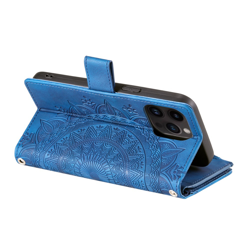 iPhone 16 Pro Leder Tasche Flip Cover mit Reissverschluss - Mandala Flowers Imprint - Blau