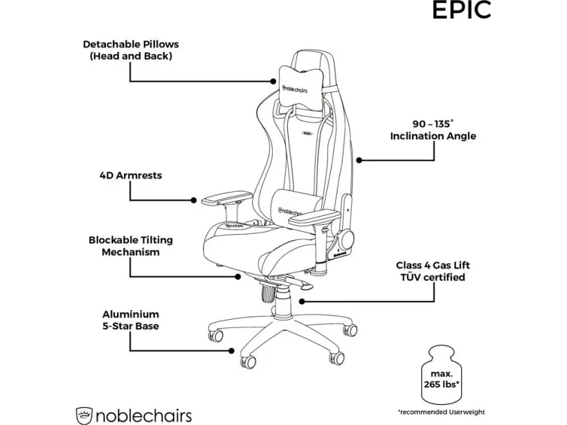 noblechairs EPIC Ægte læder Gaming Stol- Sort/hvid/rød