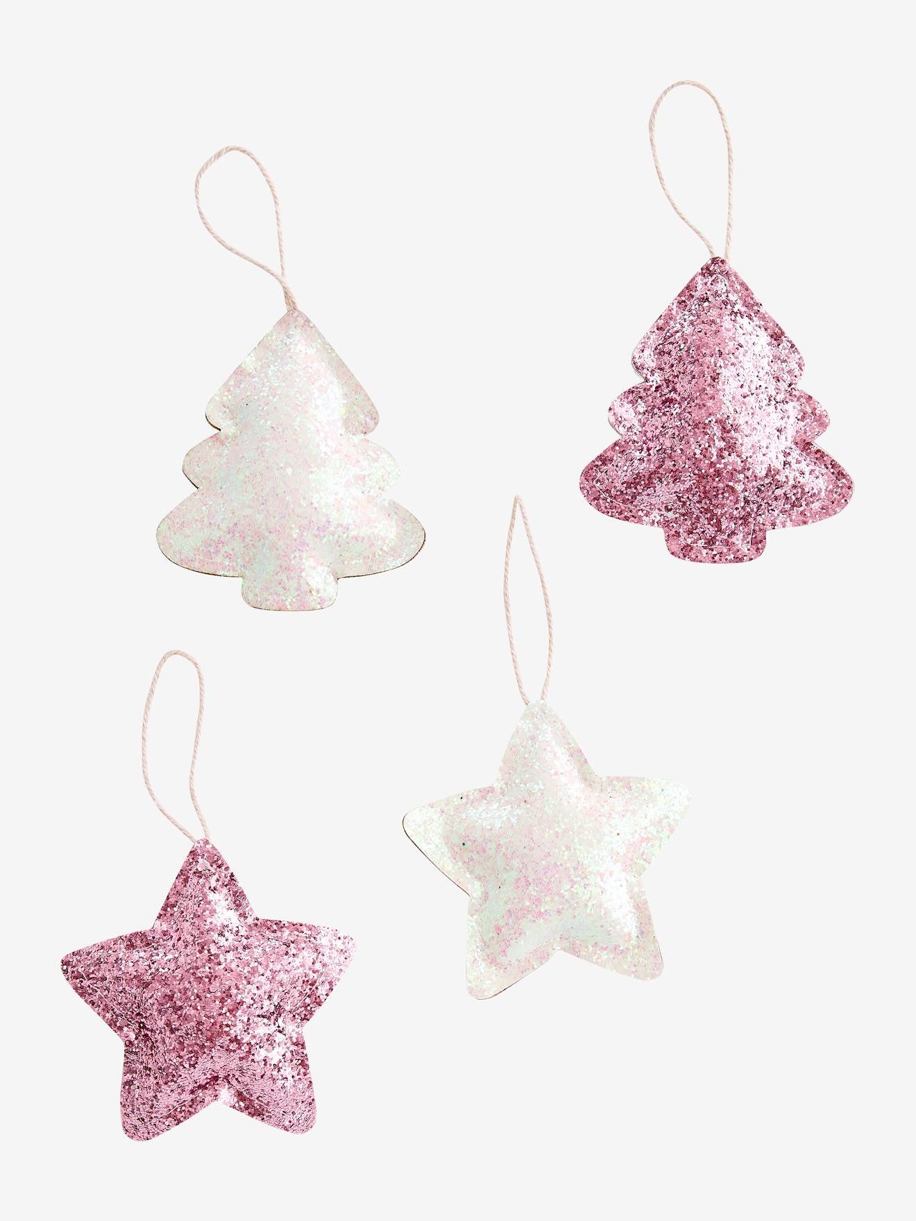 Conjunto de 4 enfeites de Natal lisos rosa escuro com glitter e motivos natalinos.
