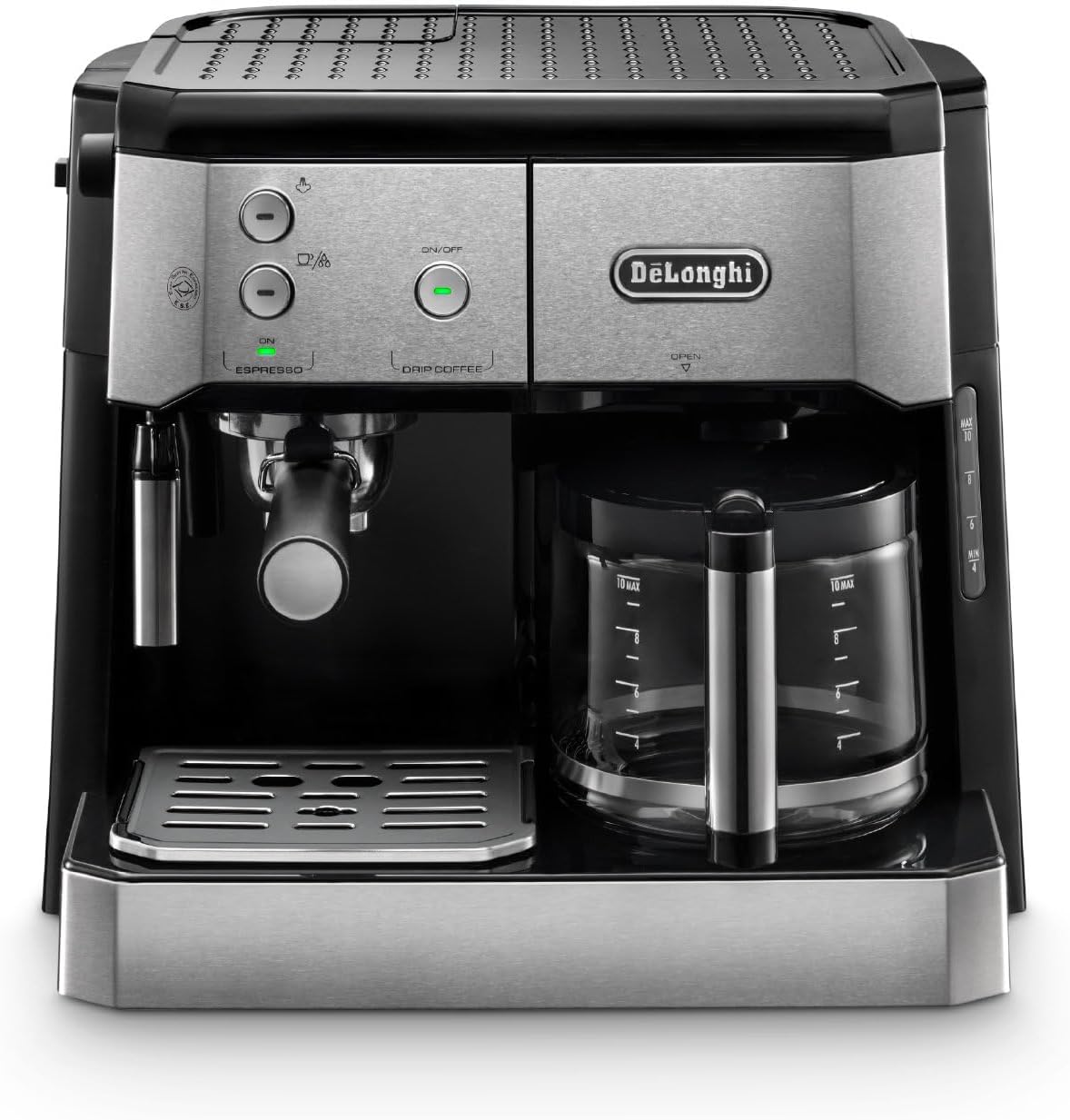 De'Longhi Kombikaffeemaschine BCO 421.S – Kaffeemaschine mit Espresso-Siebträger und Filterkaffee-Funktion inkl. Milchaufschäumdüse, Glaskanne & Wasserfilter-System, 1 l, Edelstahl/Schwarz, single