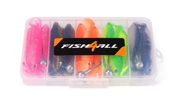 Boîte Leurre Souple Nervuré & Tête Plombée Fish4all (20 pièces)
