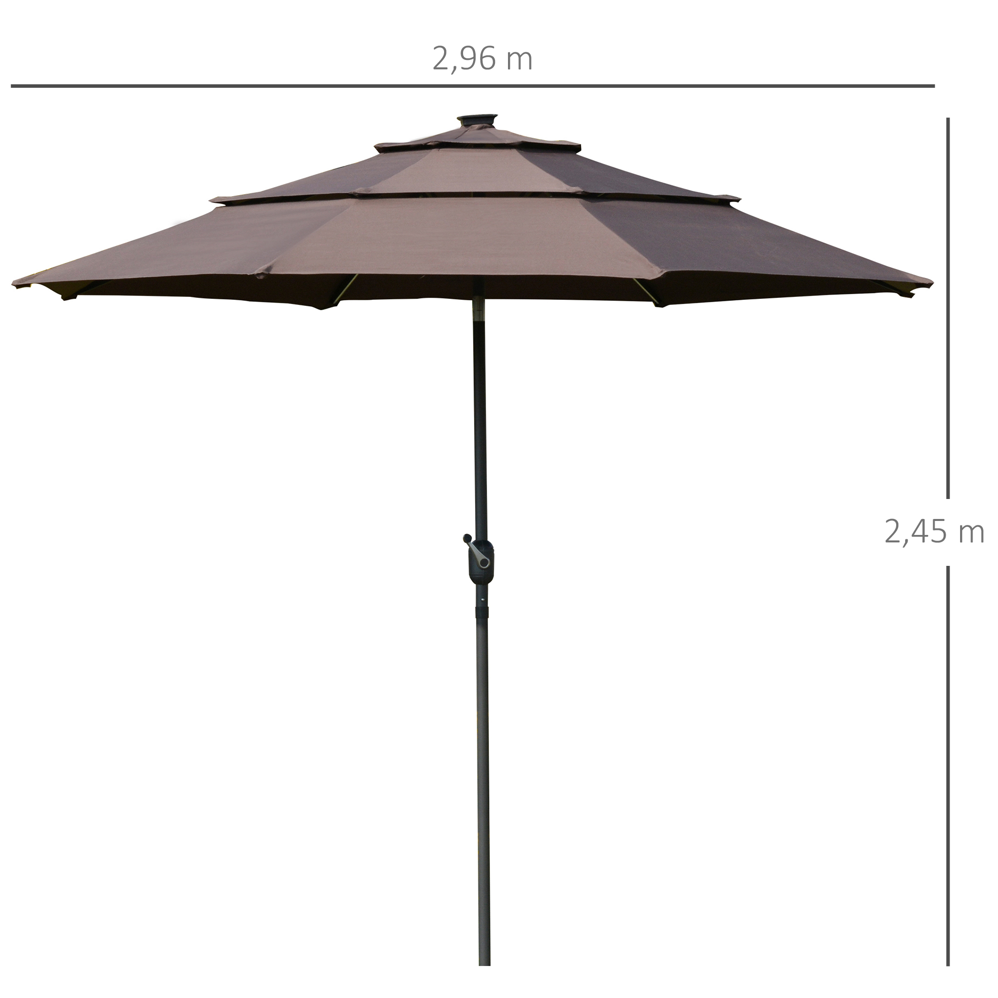 Guarda-sol de jardim Outsunny Ø300x250cm com luzes LED e painel solar, manivela, ângulo ajustável em 3 posições, ideal para pátio, terraço, piscina e café.