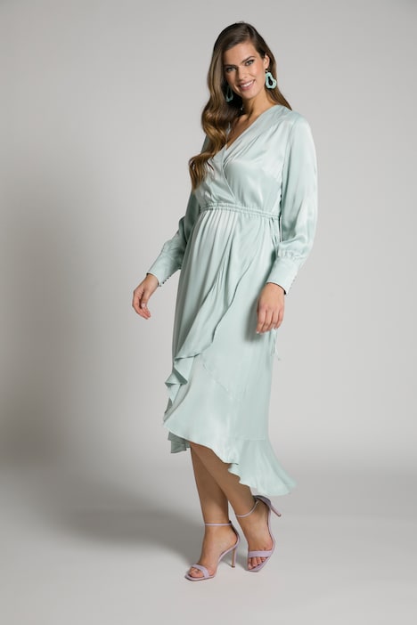 Wickelkleid, Satin, Volant, V-Ausschnitt, Langarm