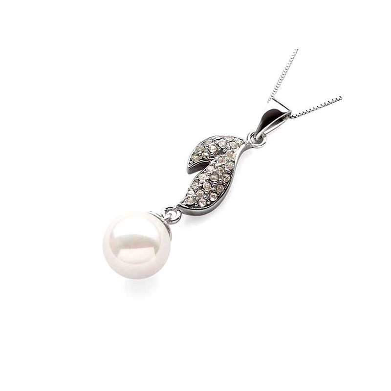 Pendentif Double Feuilles Strass Perle de culture Blanche et Argent 925