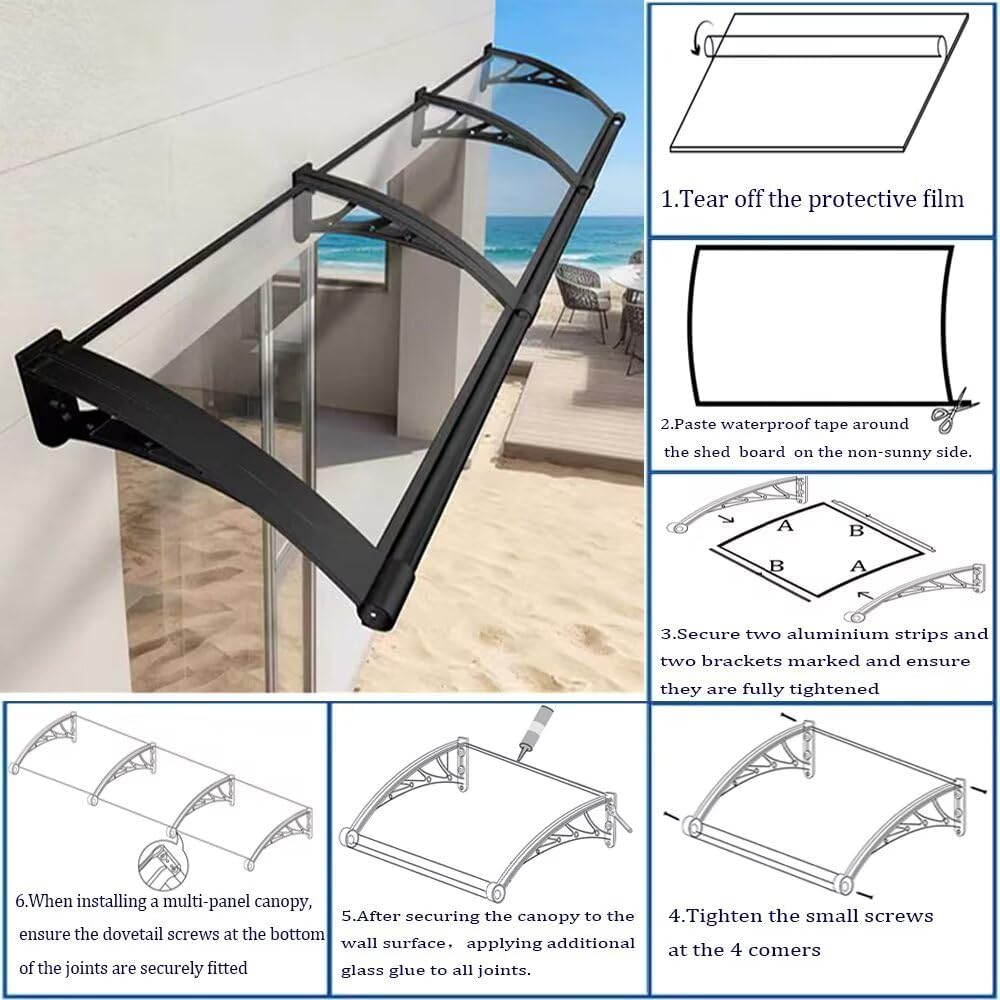 Vordach für Haustür, Überdachung Haustür mit Waschbecken aus Aluminium fur Markisen Fenster Türen Außenbereiche UV- Regen- Schnee- Sonnenschutz,Grau Platte-Grau PC Halterung 120x185cm