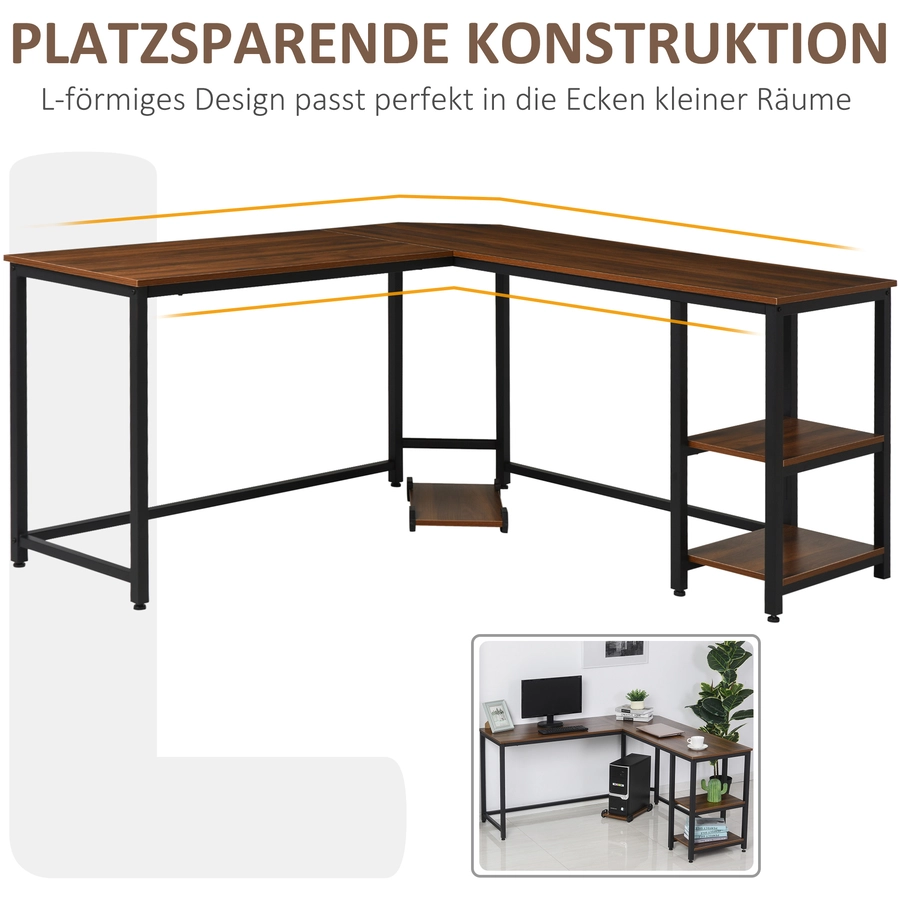 HOMCOM Computertisch in L-Form Walnuss, schwarz