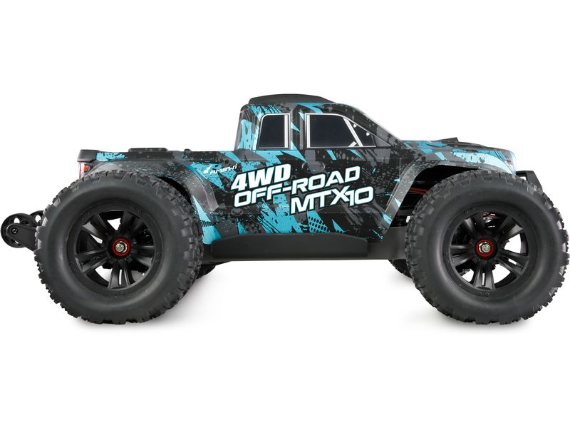 Amewi Monster Truck Hyper Go MTX10 1:10, ARTR, Schwarz/Blau Off-Road RC-Modellauto mit leistungsstarken, überdimensionierten und einstellbaren Öldruckstossdämpfern für volle Kontrolle im harten Off-Road-Einsatz