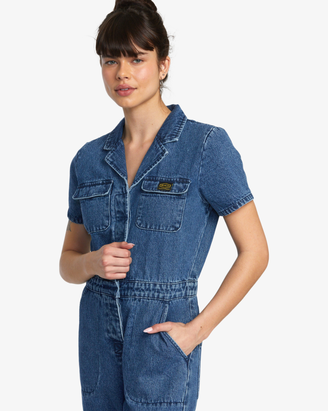 Rvca Recession Denim Jumpsuit Blue Rinse