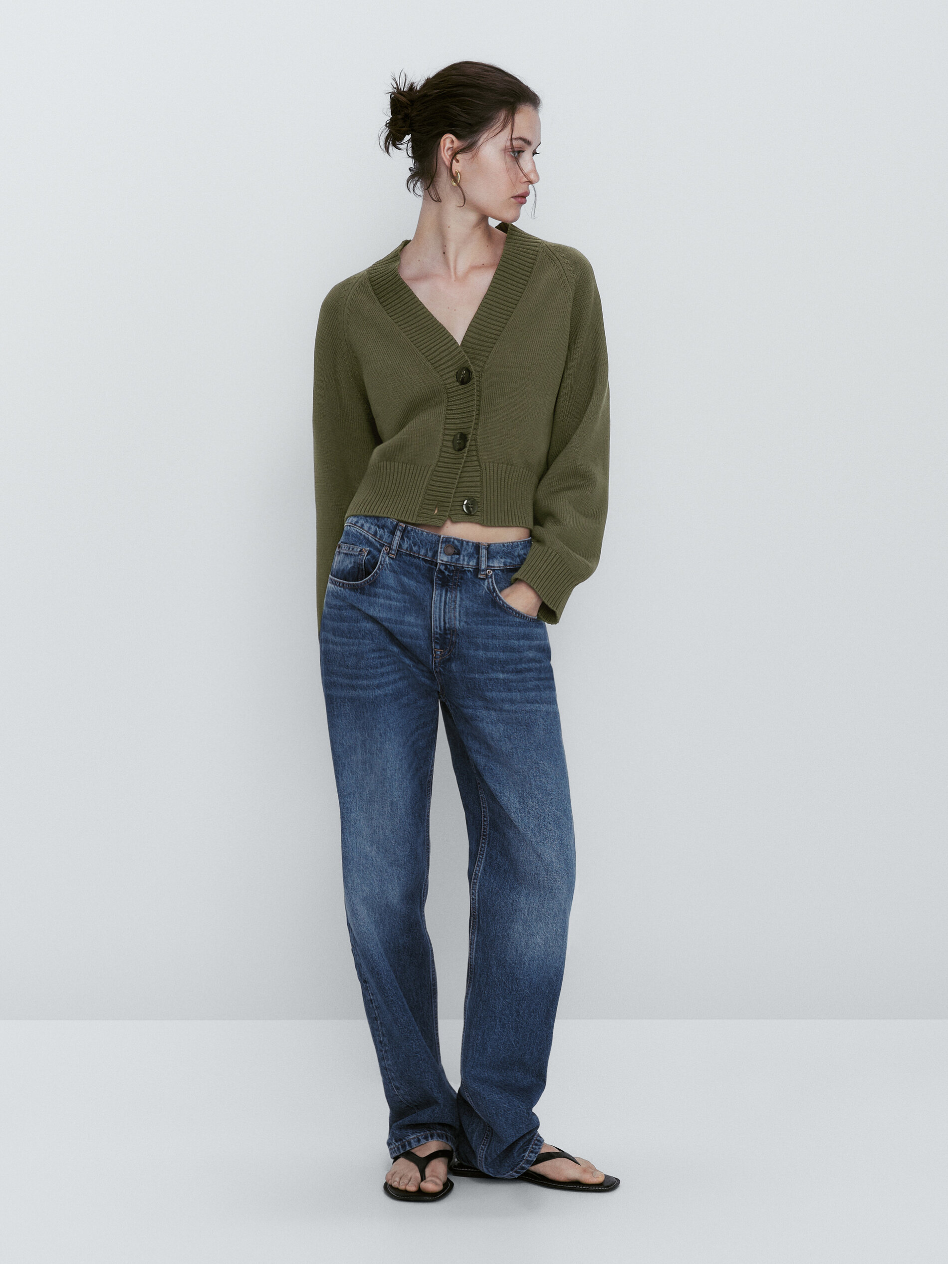 Cardigan de tricô com botões e gola - KAKI