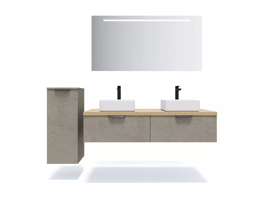 Meuble de salle de bain suspendu 2 vasques à poser 140cm 2 tiroirs façon Béton - Soho