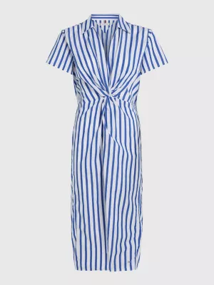 Vestido midi listrado em popeline com detalhe torcido na frente