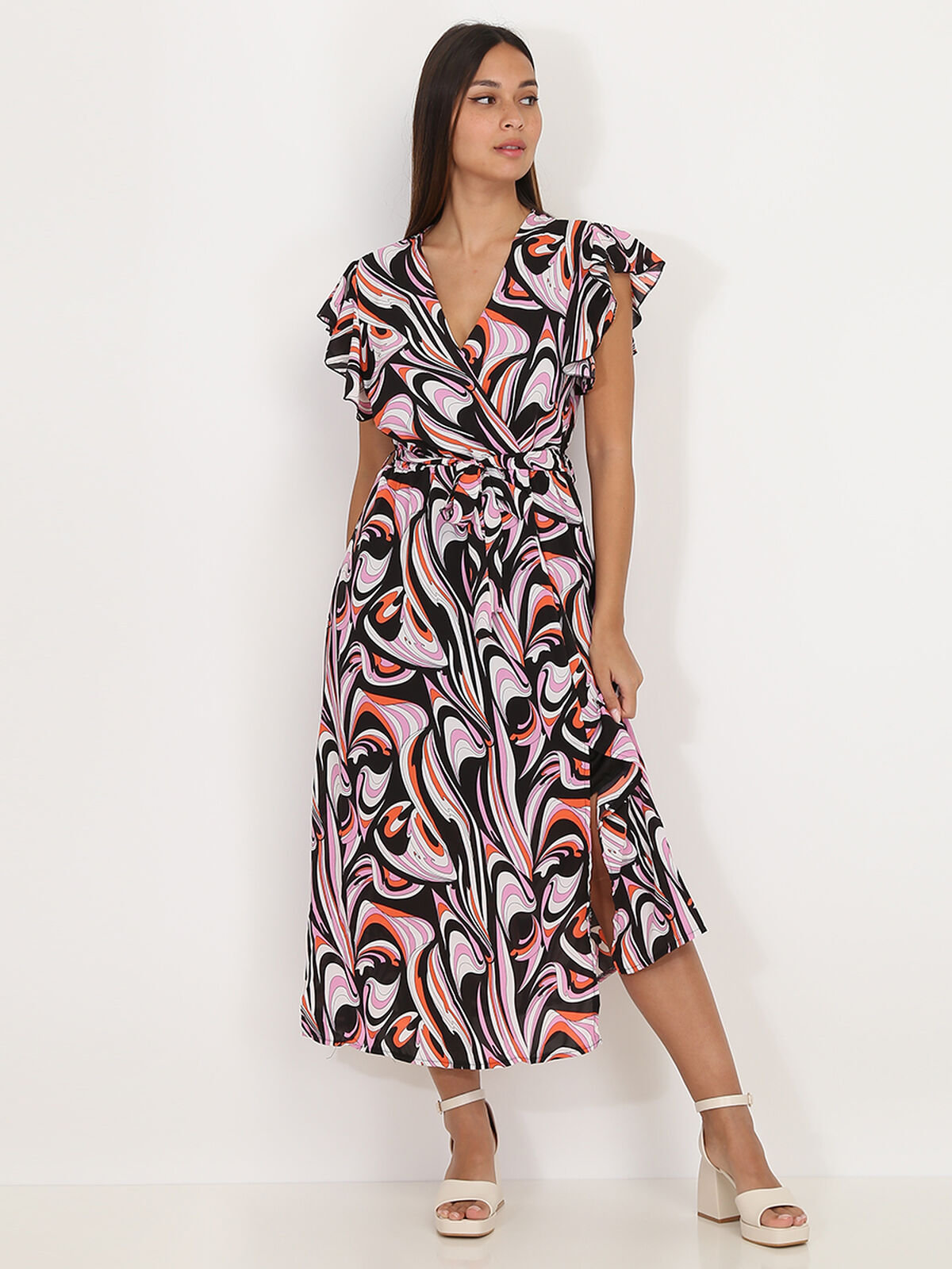 Robe fendue à motif arabesques- Noir