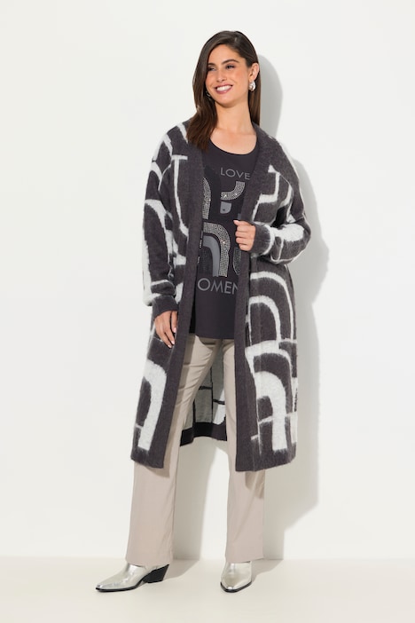 Strickjacke, Jacquardmuster, offene Form, Langarm