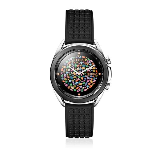 Relógio inteligente Samsung Galaxy Watch3 X TOUS preto com acabamento em maple e pulseira de silicone preta.