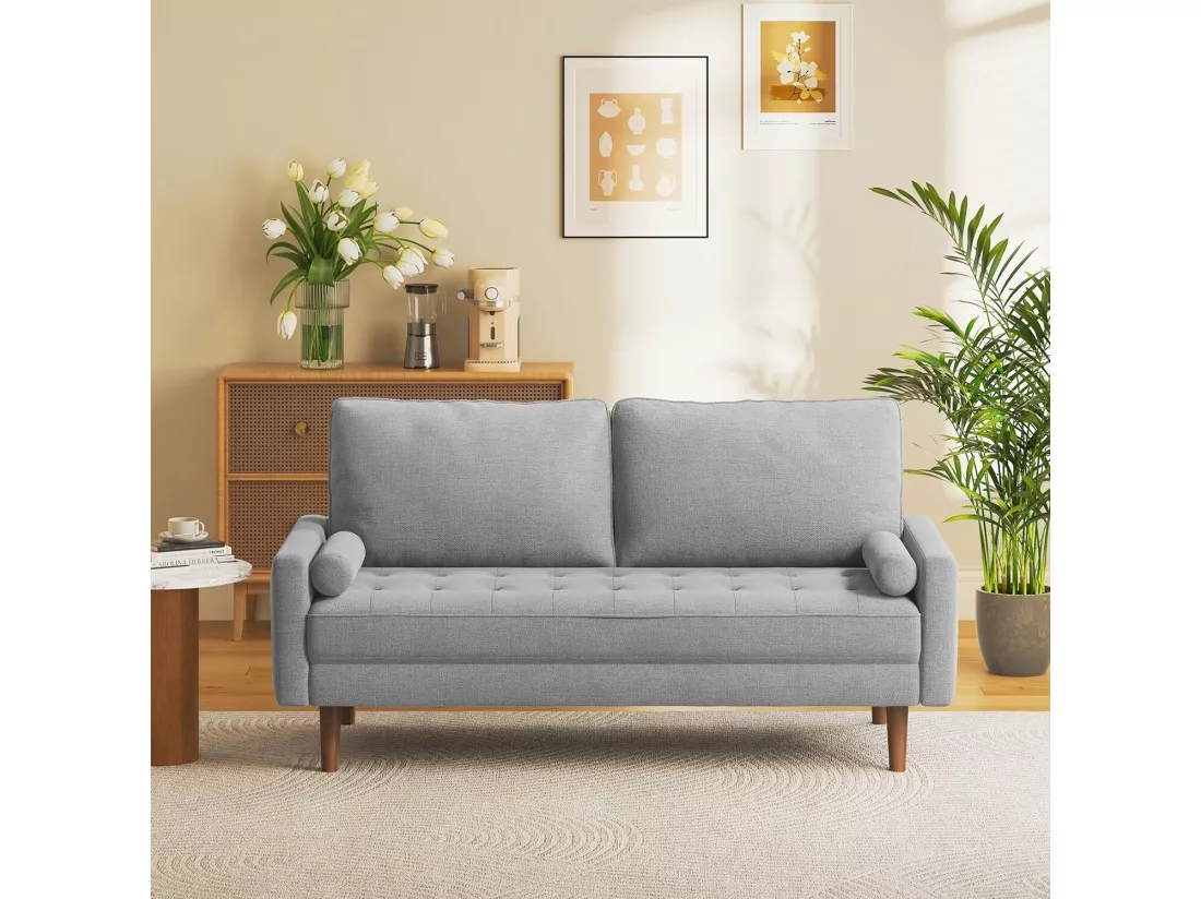 Canapé 3 places en tissu Lin gris - Scandinave - avec 2 Oreillers et Accoudoirs - Pieds bois massif - 173x77x84cm