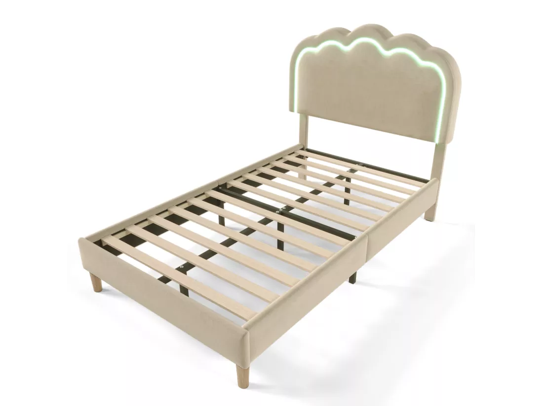 Lit capitonné 90 x 190 cm avec tête de lit réglable pour chambre à coucher - LEDs - tissu lin - beige