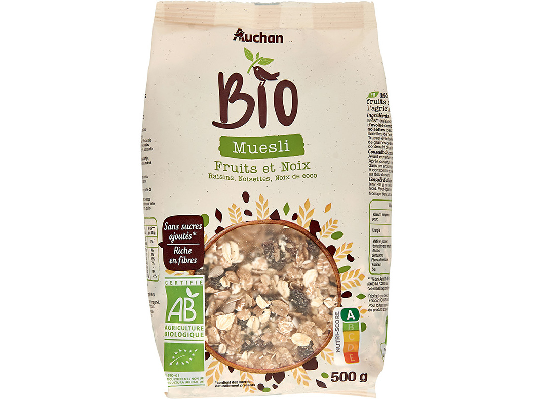 CEREAIS MUESLI AUCHAN BIO FRUTOS SECOS E COCO 500 G